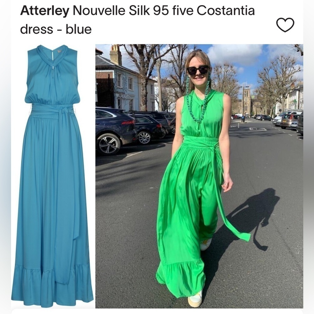 NOUVELLE SILK95FIVE Costantia Silk Maxi Dress Green Tie Keyhole Quiet Luxury S - Picture 2 of 13